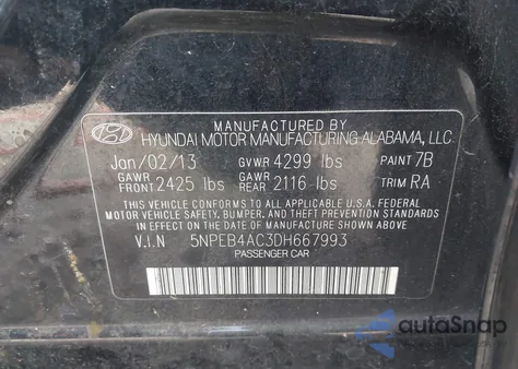 2013 Hyundai Sonata Gls из США, поврежденный, VIN 5NPEB4AC3DH667993